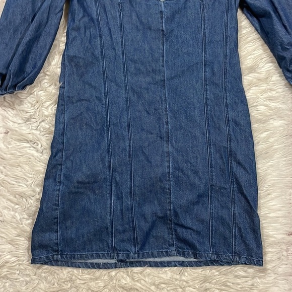 ZARA Denim Paneled V-neck Mini Dress With Puffed Sleeves - Picture 7 of 12